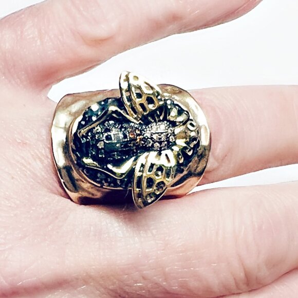 Bumblebee Bee Nature Theme Gold Plated Sterling Crystal Accent Cuff Ring Sz 7 - Picture 2 of 5